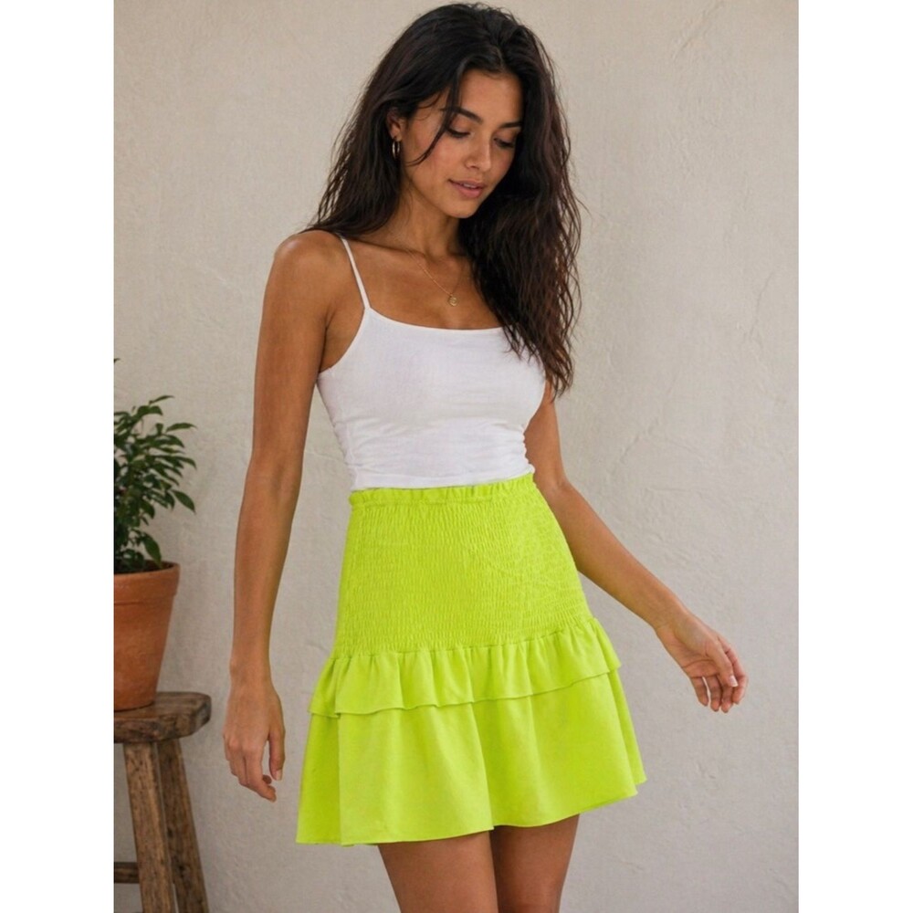 Yakira Bella Neon Lime Smocked Ruffle Mini Skirt | Size S/M | Stretch Fit